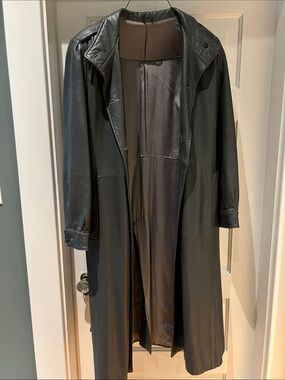 Classic Long dark gray Leather Trench Coat